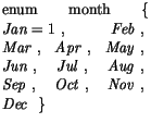 $\textstyle \parbox{\declwidth}{enum month\ \{\ \mbox{$\mathit{Jan}=1\ ,$ }
\mbo...
...\mbox{$\mathit{Oct}\ ,$ }
\mbox{$\mathit{Nov}\ ,$ }
\mbox{$\mathit{Dec}$ }\ \}}$