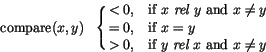 \begin{displaymath}\mathrm{compare}(x,y)\ \
\cases{ < 0, &if $x$ {\it rel} $y$ ...
... 0, &if $x = y$\cr
> 0, &if $y$ {\it rel} $x$ and $x \ne y$} \end{displaymath}