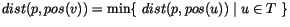 $dist(p,pos(v)) = \min\{\ dist(p,pos(u)) \mid u\in T\ \}$