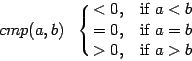 $cmp(a,b)\ \ \cases{< 0, &if $a < b$\cr
= 0, &if $a = b$\cr
> 0, &if $a > b$\cr}$